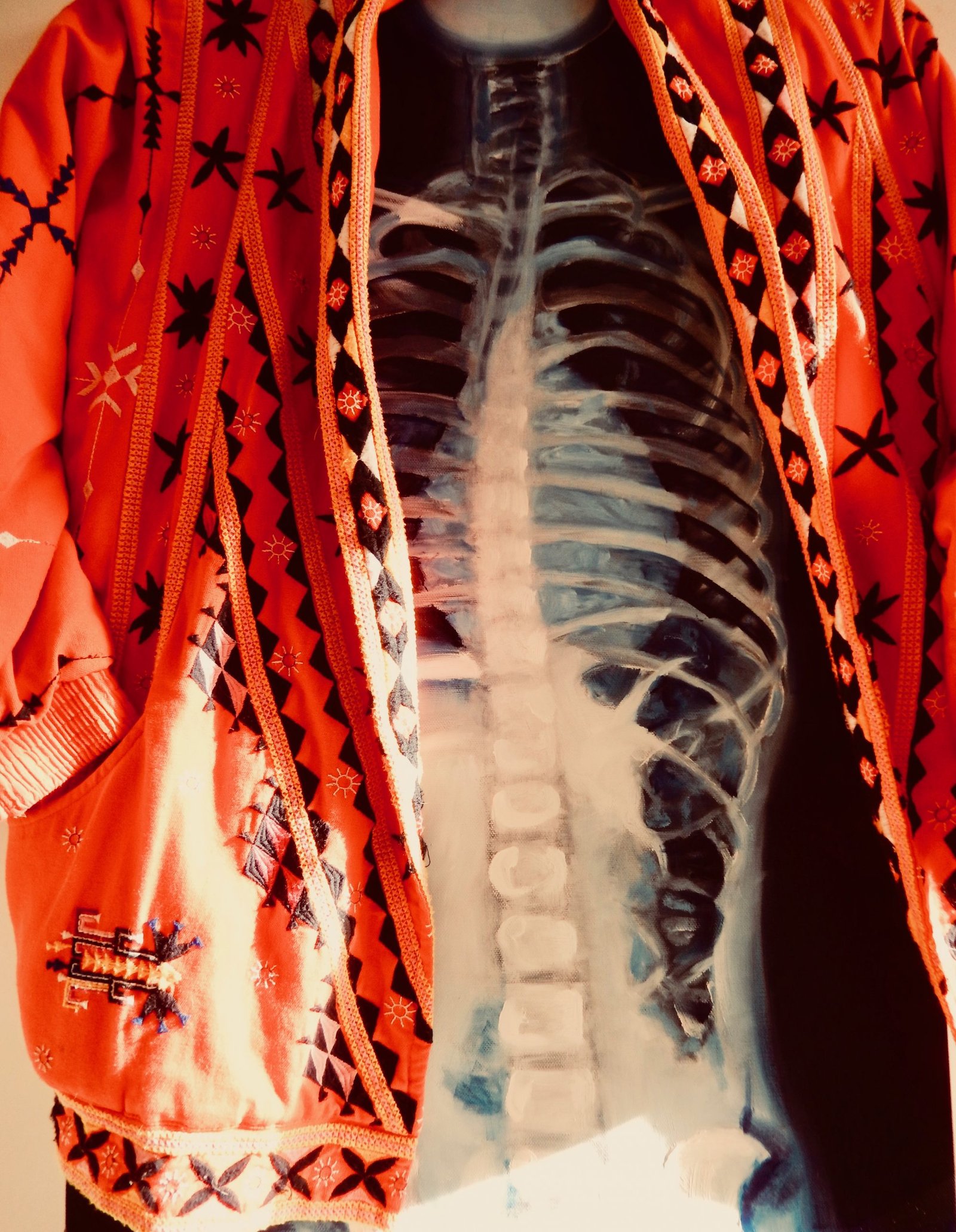 Wendy Rolt, Artist - Longer Healthier Life. Skeletal scan wearing jacket.