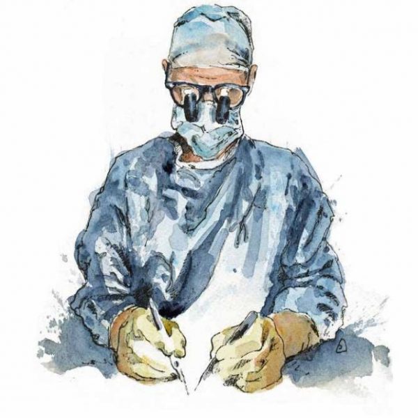 Donald Sammut, Hand Surgeon - Longer Healthier Lives. Drawing of surgeon at work. Onewellbeck. Circle Bath.